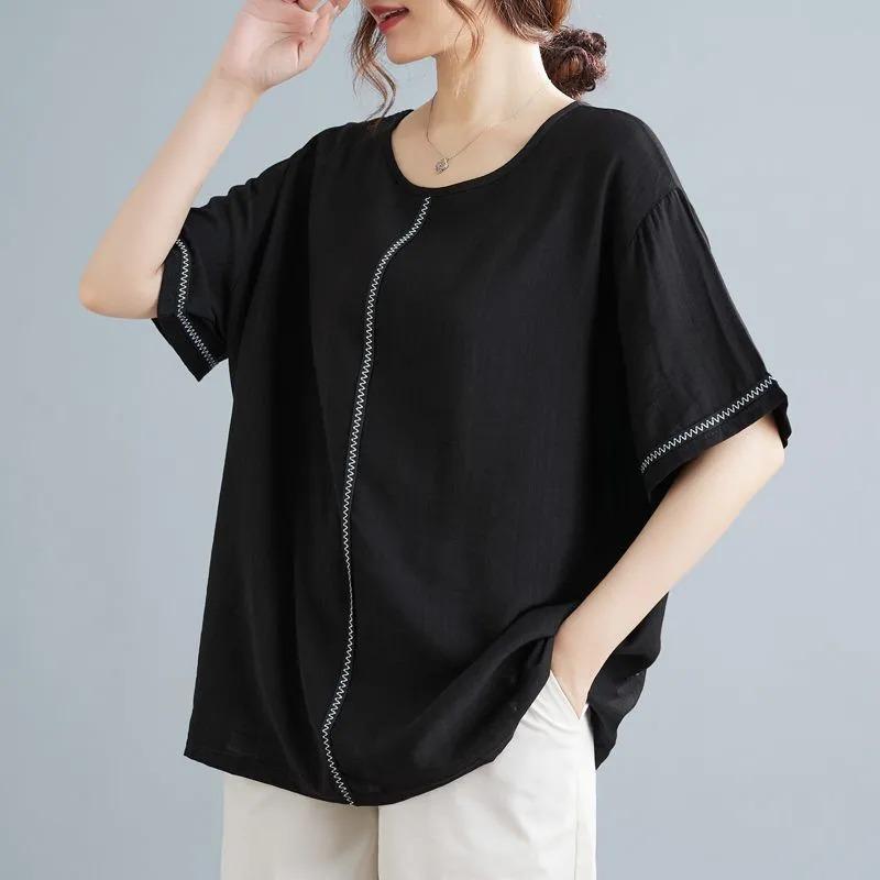 

Womens Black Stitch Detail Blouse Casual Round Neck Loose Short Sleeve Top L чорний