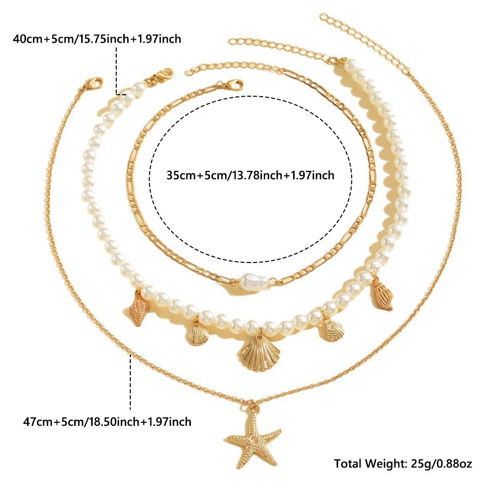 Beach Style Starfish Pendant Necklace Alloy Beads Shell Necklace Multi-layer Necklace  for Women