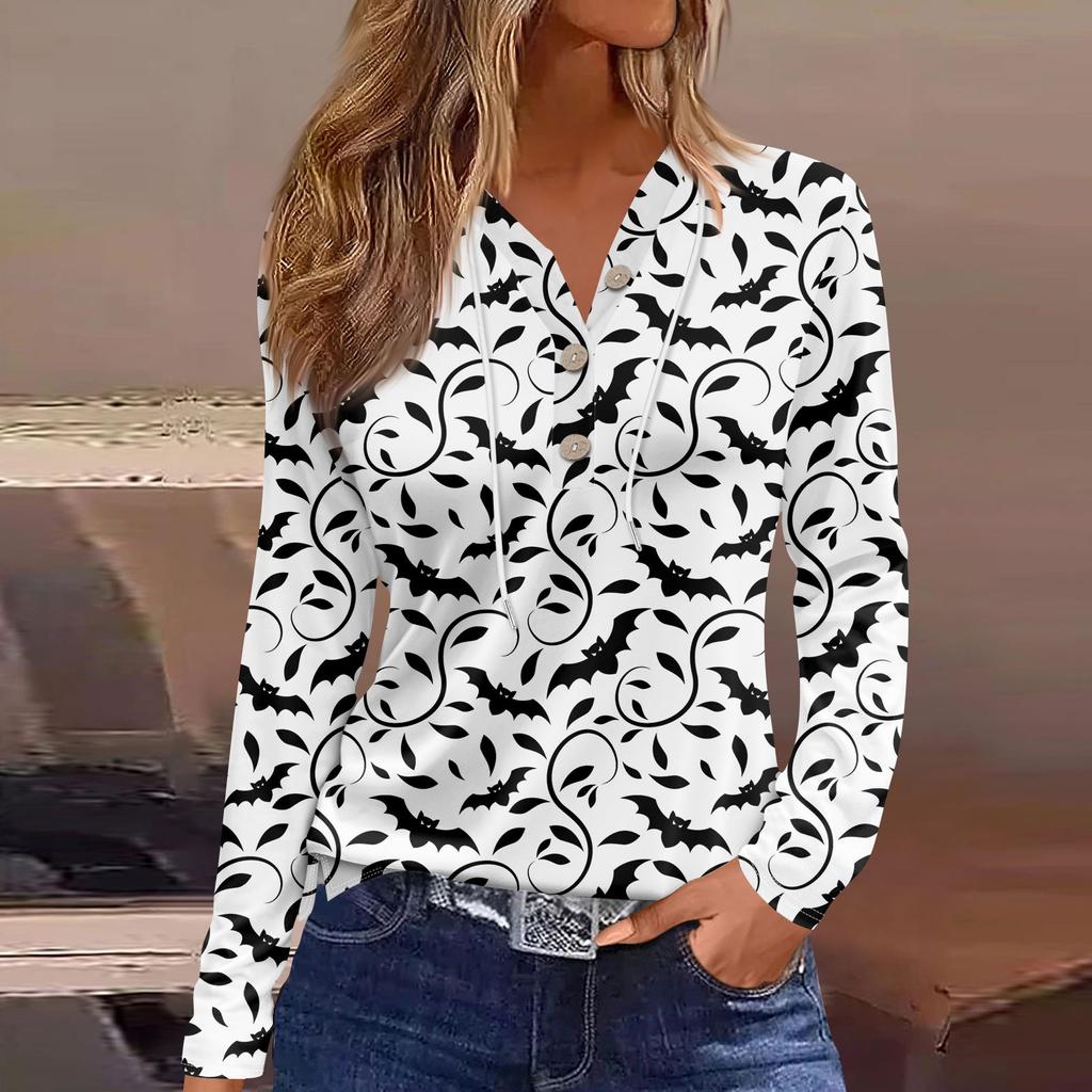 Damemote Uformelt Halloween-trykt hettegenser dekorert med knapp Langermet T-skjorteskjorte