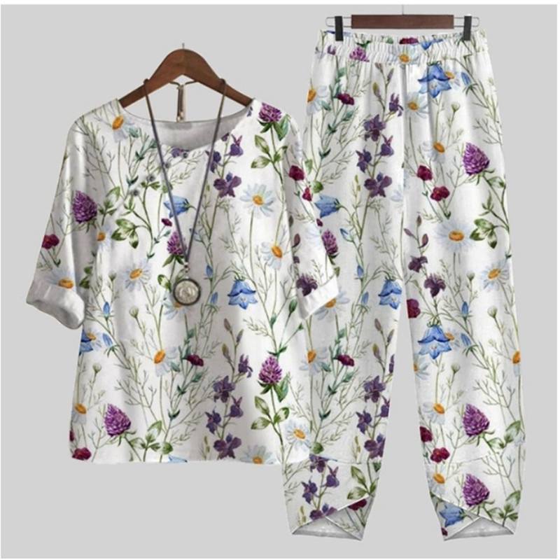 Summer Loose O-Neck Top Wide Leg Pants Two Piece New Elegant Pullover Pants Summer Suit Women Harajuku Style Suit