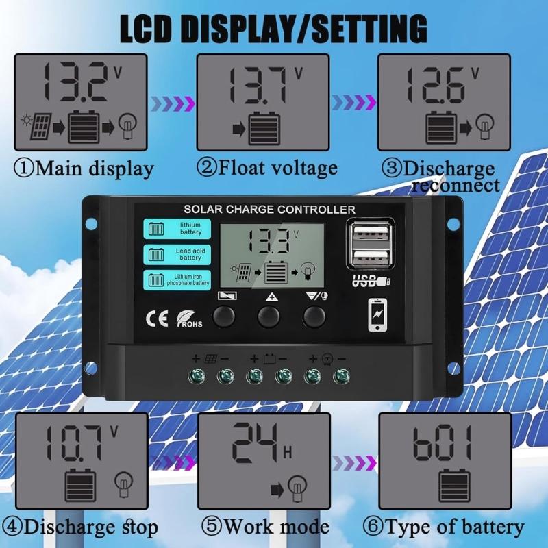 Solar Panel Regulator with LCD Display Double USB Port Solar Charging Controller for 12V 24V Systems Improved Control