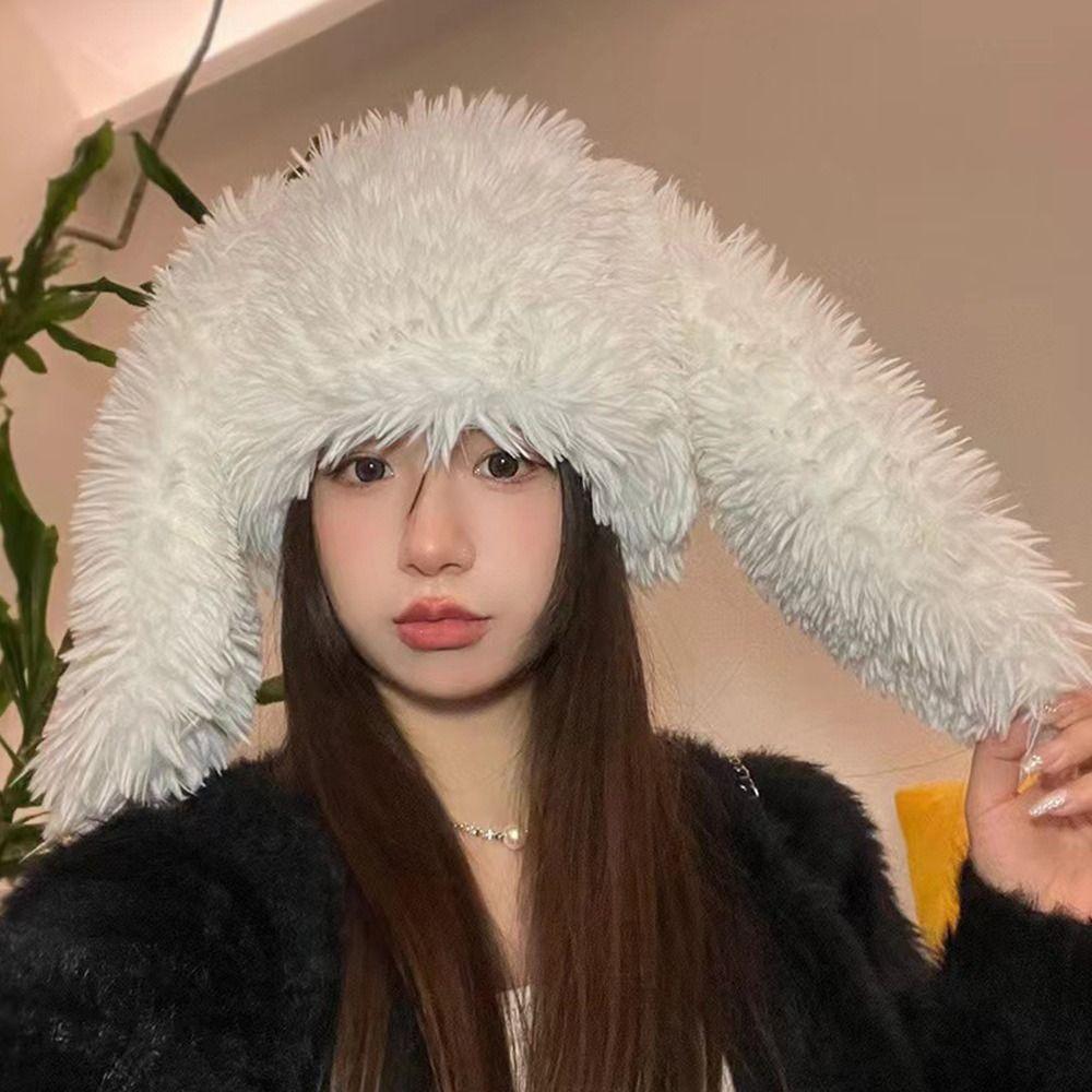 Faux Fur Plush Winter Hat Ear Protection Balaclava Cap Y2k Fashion Rabbit Ear Hat  Halloween Party