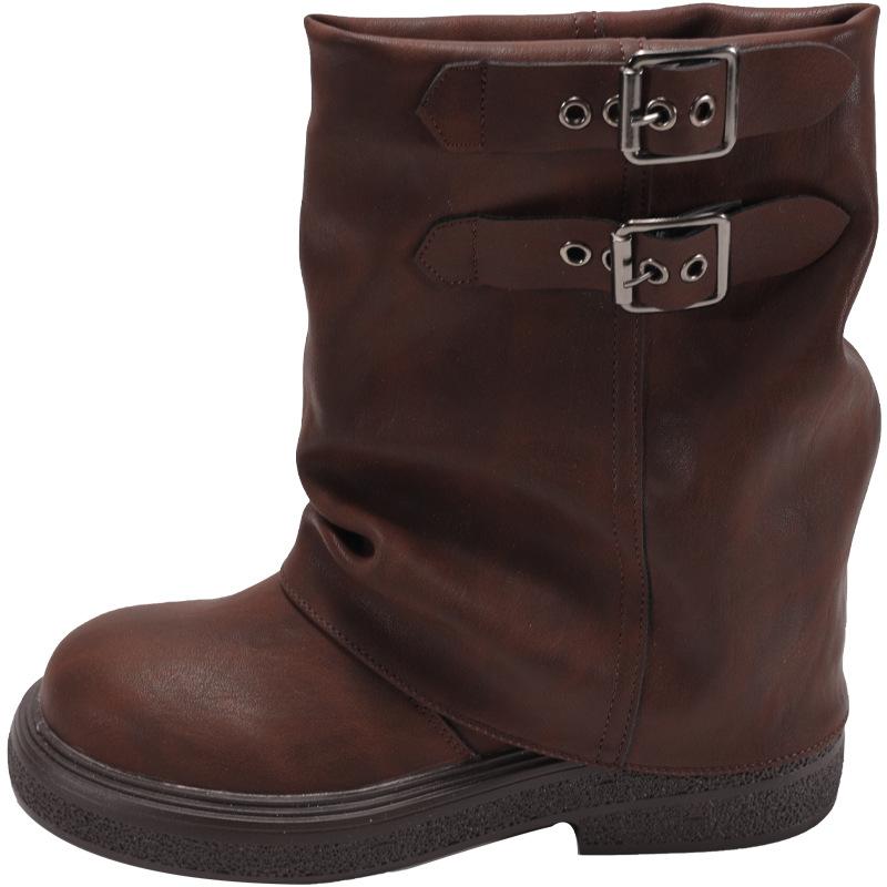 Thick-soled pleated trouser tube boots women's 2025 new autumn Maillard wind pile boots popular brown Martin short boots