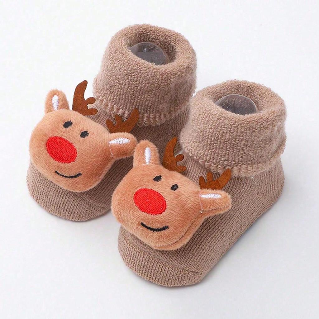 Baby Christmas Socks Santa Claus Snowman Reindeer Plush Knit Socks Non-Slip Crib Shoes for Infant Boys Girls First Xmas Outfits Toddler Gift