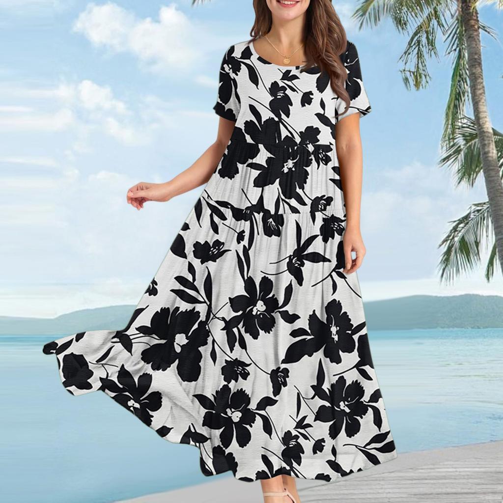 Vestido Casual Feminino Solto Boêmio Estampa Floral Manga Curta