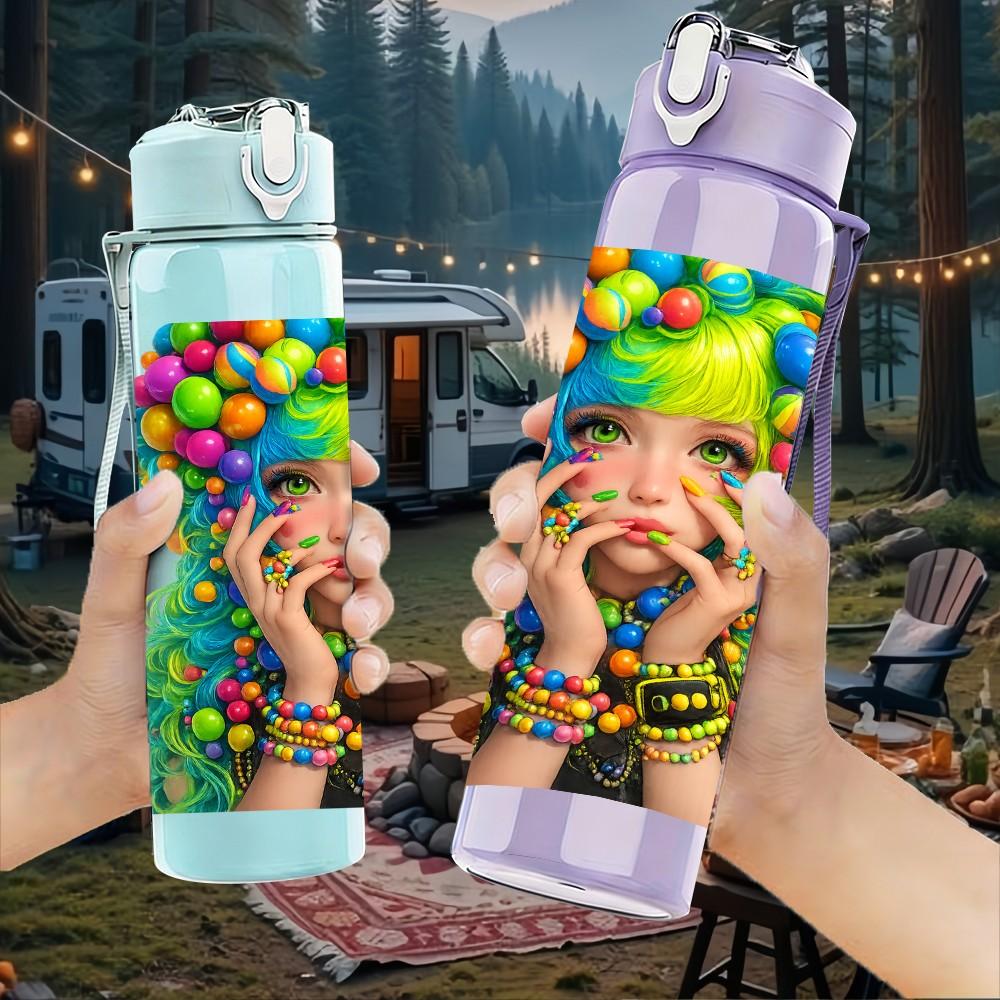 1PC Girl With Colorful Curly Hair Art Print 750ml Color Plastic Sports Water Bottle Leakproof Flip Straw Lid Suitable for Sports Office Home Use