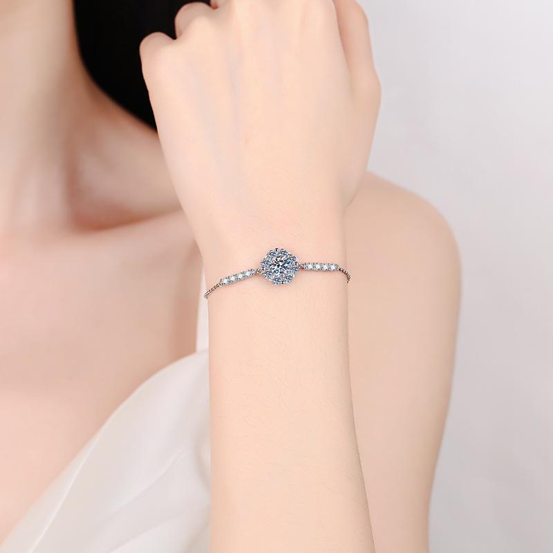 S925 Sterling Silver Adjustable Sunflower Bracelet with Moissanite, D Color, 1 Carat for Women