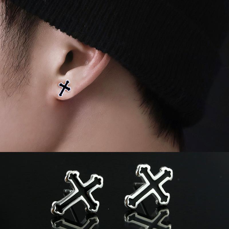 2023 Men's & Women's Black Cross Needle Stud Earrings: 925 Silver, Simple Piercing Jewelry