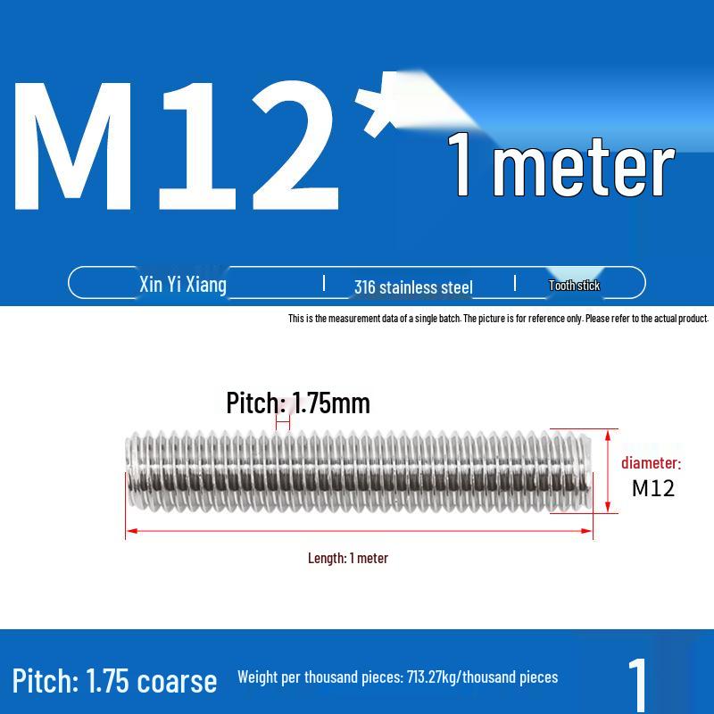 304 Stainless Steel Full Threaded Rod, 1 Meter, available in sizes M3, M6, M8, M10, M12.
