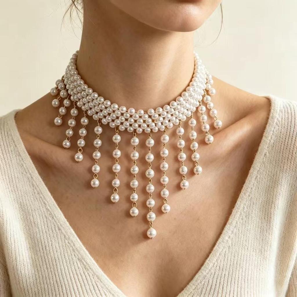 French Court Tassel Embroidered Pearl Choker Wedding Gown Necklace