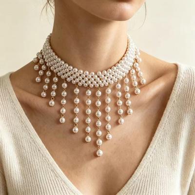 French Court Tassel Embroidered Pearl Choker Wedding Gown Necklace