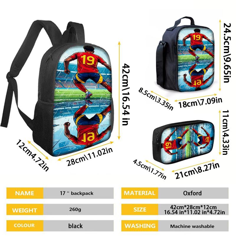 3-Piece 19 Soccer Star Pattern Backpack Set – Large-Capacity Casual Backpack with Matching Clutch & Tote Bag, Perfect for Daily