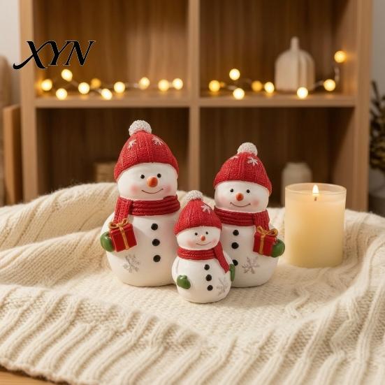 Resin Snowman Decoration Christmas Figurine, Cute Family of 3 Statue with Santa Mini Figurine Hat, Red Scarf, Holiday Tabletop Ornament for