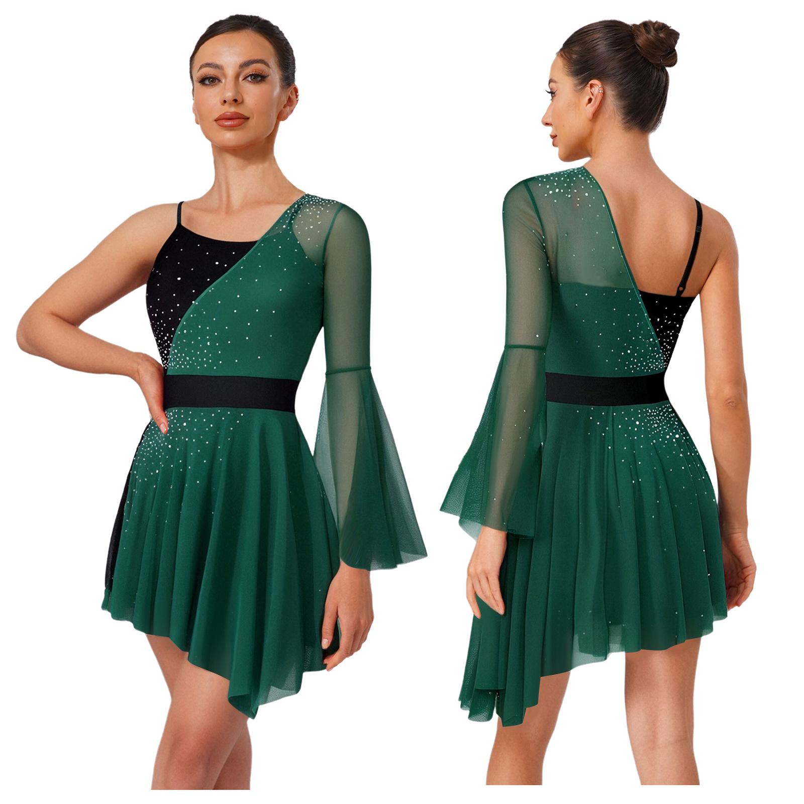 

Женское платье для соревнований по фигурному катанию S-XXL: Сетчатый топ Color Block с одним эффектным рукавом-клеш и встроенными трусиками для современного танца S зелёный