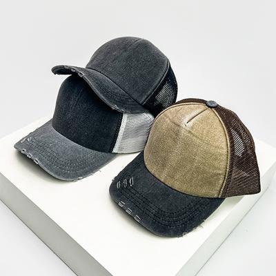 New Unisex Color Block Broken Style Baseball Hats Distress Breathable Mesh Sunshade Retro Trucker Caps Versatile Simple Fashion