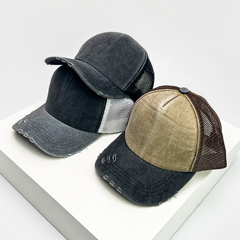 New Unisex Block Broken Baseball Hats Distress Breathable Mesh Sunshade Retro Trucker Caps Versatile Simple Fashion