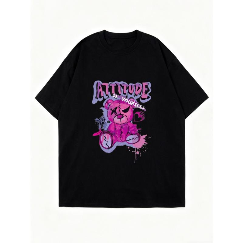 Oversized T Shirt Black Attitude Be Yourself Bear Graffiti Print Casual Streetwear Fashion Women Summer Top
