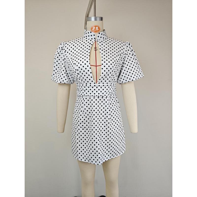 Vestito Mini Casual da Donna alla Moda a Pois con Intagli e Maniche a Sbuffa a Manica Corta con Collo Alto