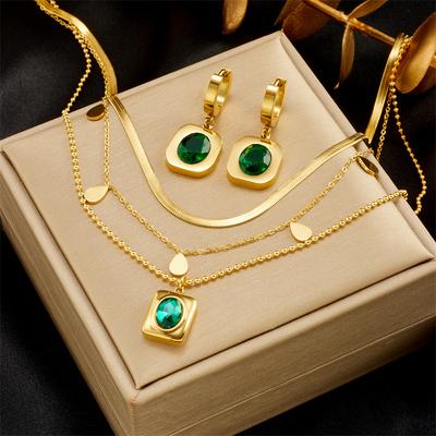 Vintage Titanium Steel Emerald Zircon Earring Necklace Set for Women Elegant Jewelry