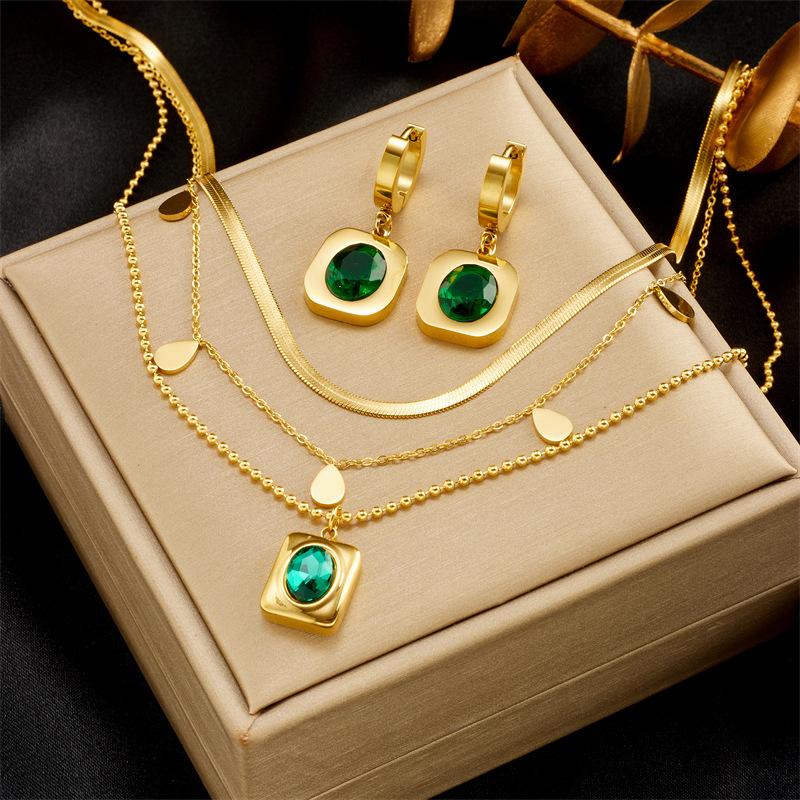 Gold Plated Stainless Steel 3-Layer Herringbone Chain Necklace & Hoop Earrings Jewelry Set with Green CZ Pendant for Women золотой