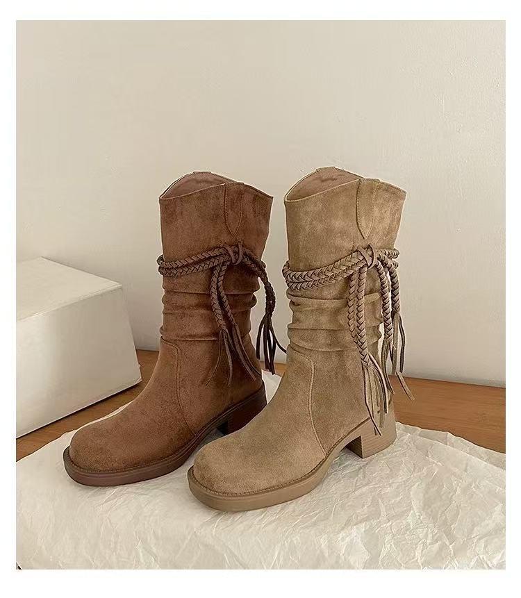 

[sheii Su Yinyin] Egyptian boots~ fringed thick heel boots western cowboy boots women s pile boots 35