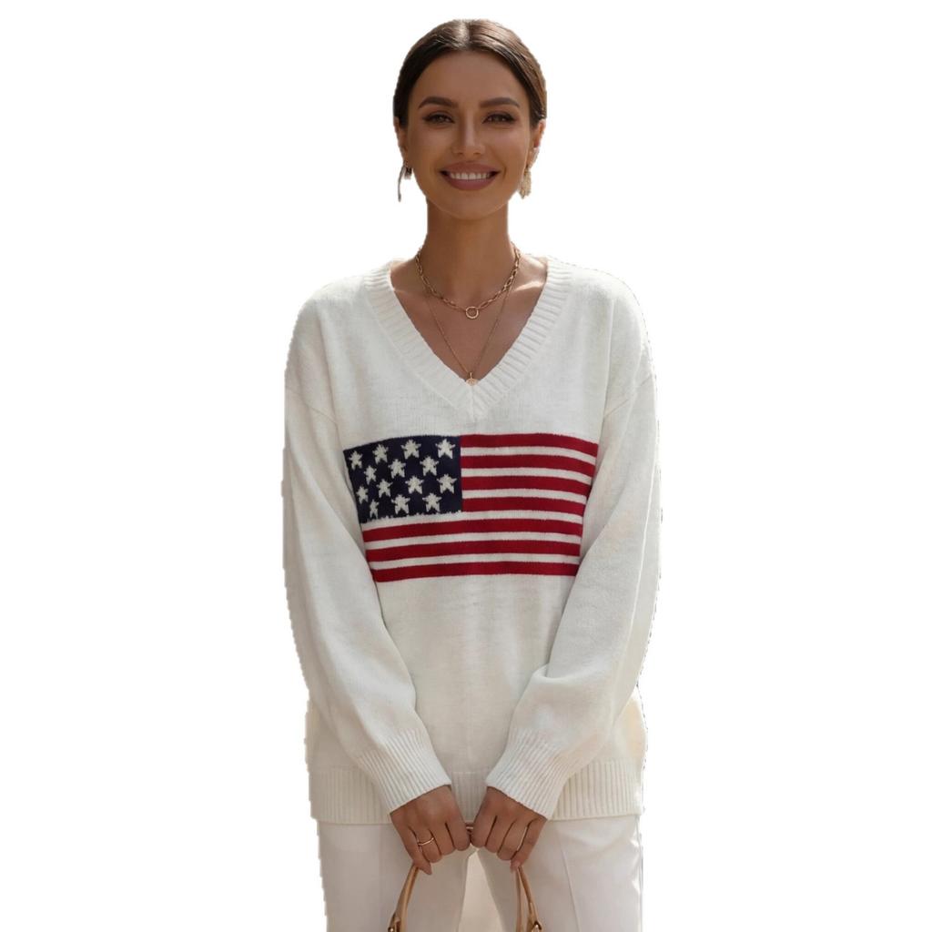 European and American Loose V-neck Knitted Sweater Women's American Flag Large Size Long-sleeved Jumper Solid Color Autumn and Winter New Models