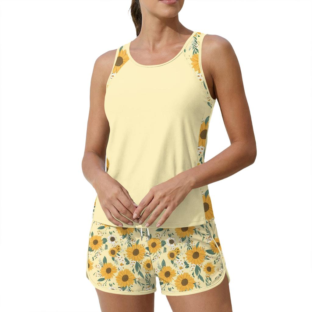 Women’s Sleeveless Tank Top and Shorts Set Sunflower Print Lightweight Relaxed Fit Casual Lounge Outfit for Summer