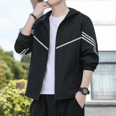 Jacket Spring and Autumn Youth Three-bar Sports Jacket Men's Breathable Top Loose Outdoor Windbreaker Hooded