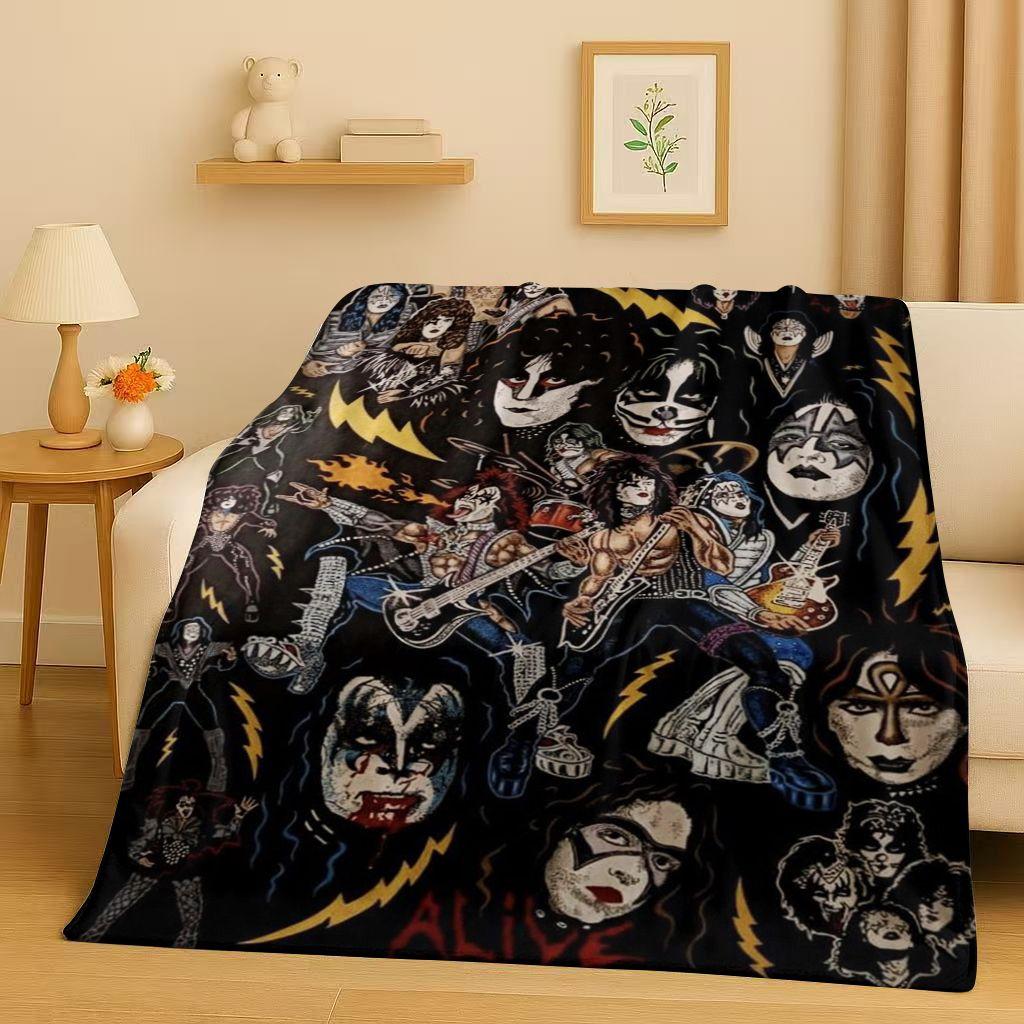 Coperta di Flanella Retro Kiss Rock Heavy Metal Band Gene Simmons, Coperta Morbida Ultra Peluche per Casa Camera da Letto Letto Divano Ufficio