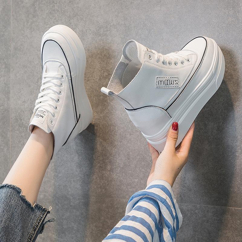 Leather Thick-soled High-top Women's Shoes 2025 Autumn Winter New Fashionable Zipper Height Increased 8cm Casual Sneakers Shoes