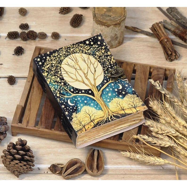 Tree of life  Grimoire Leather Journal, Blank Spell Book of Shadows Celestial leather journal Gifts For Him Her.