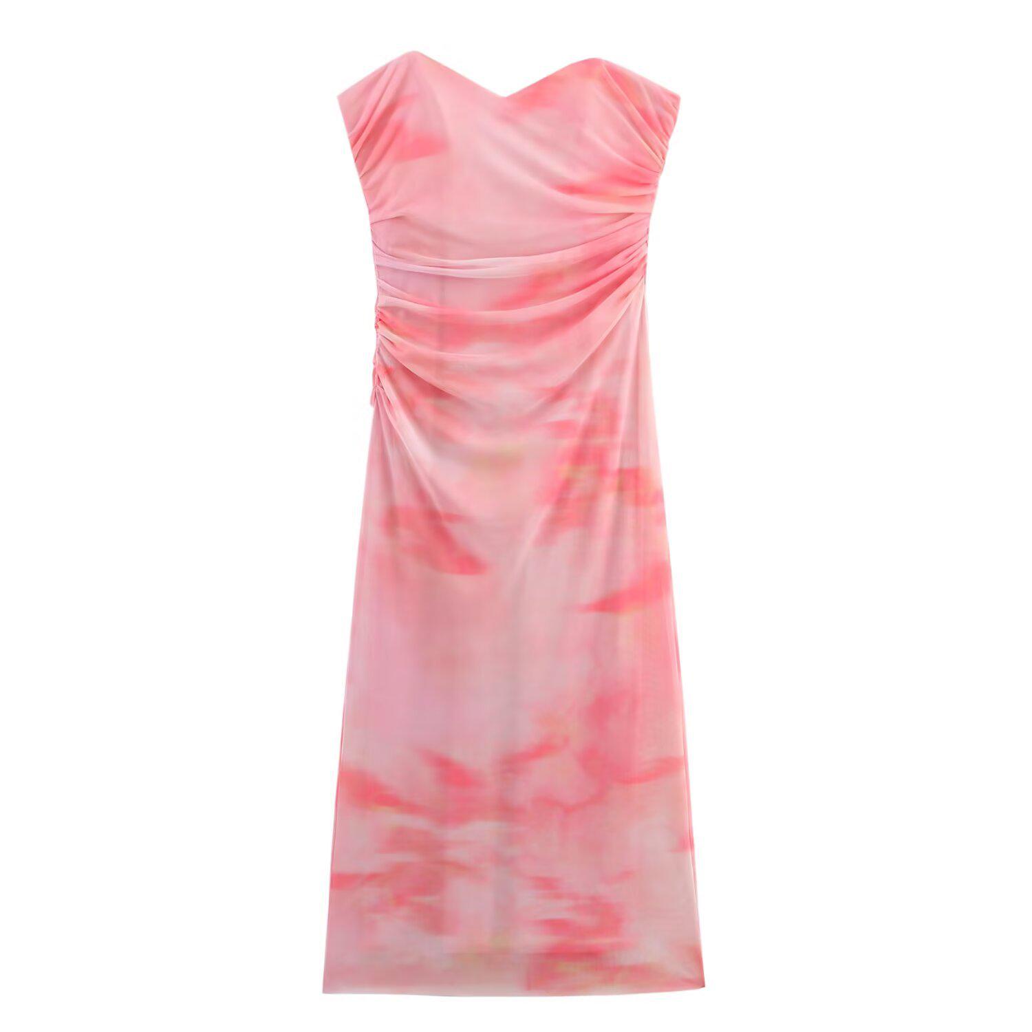 

Spring 2025 Women s Off-Shoulder Mesh Print Dress with Pleats and Slit L