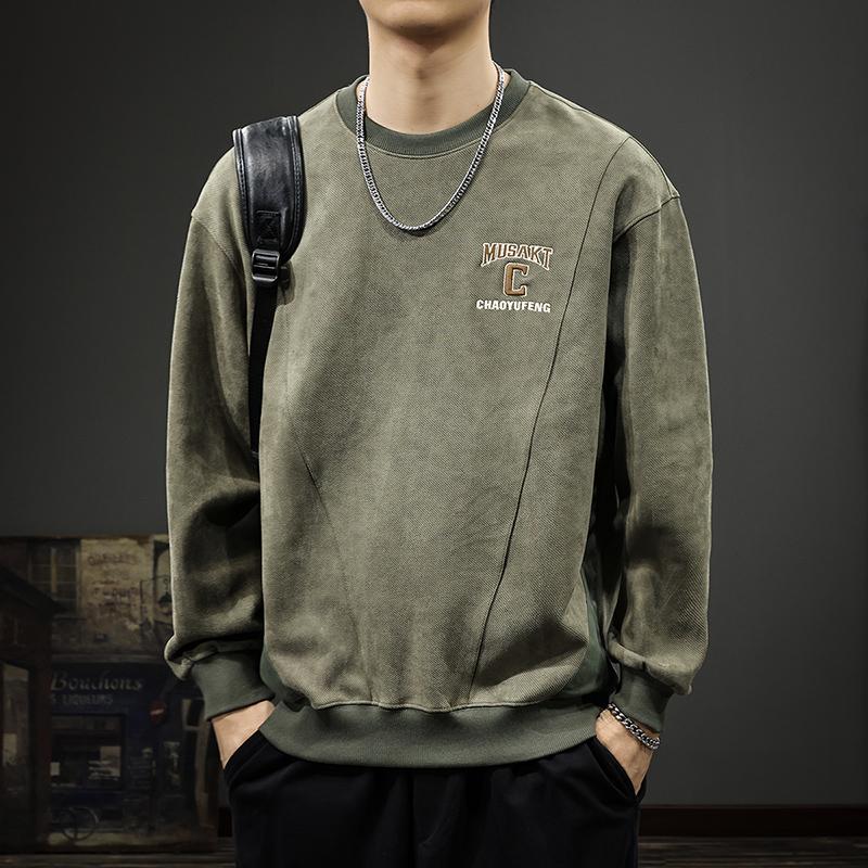 

Американский ретро трехмерный вышитый мужской свитер осенний трендовый бренд Splicing Heavy Suede свободная рубашка с длинными рукавами M армия зеленый