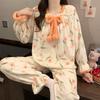 Women Flannel Pajama Set Winter Thick Warm Square Neck Long Sleeve Princess Style Bow Butterfly Casual Loungewear Home Sleepwear