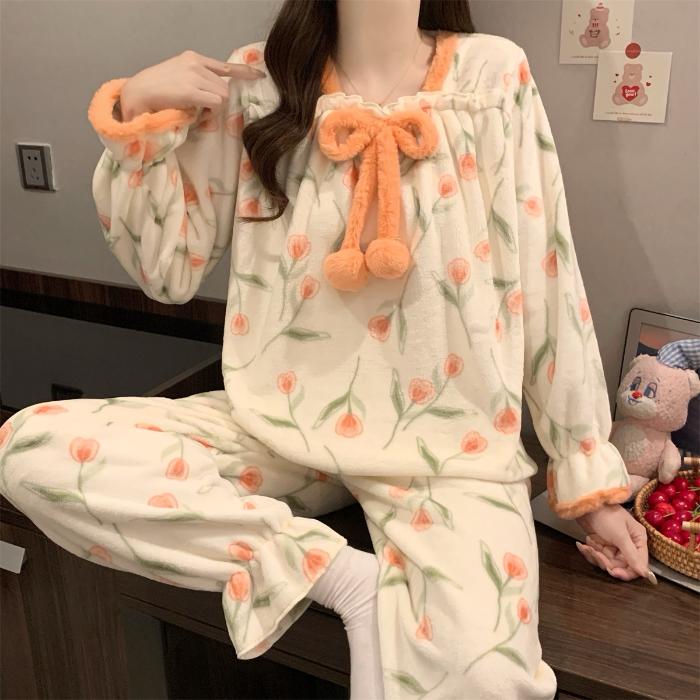Women Flannel Pajama Set Winter Thick Warm Square Neck Long Sleeve Princess Style Bow Butterfly Casual Loungewear Home Sleepwear