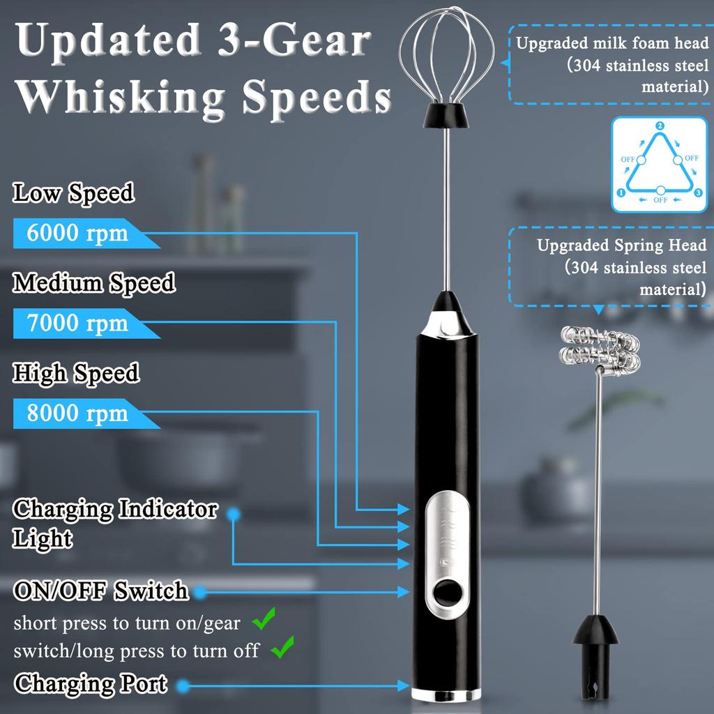 Elektrischer Doppel-Milchaufschäumer, Handmilchaufschäumer, Schwarz, USB-wiederaufladbarer Getränkemixer mit 3 einstellbaren Geschwindigkeiten, Abnehmbarer Schaumbereiter für Kaffee,