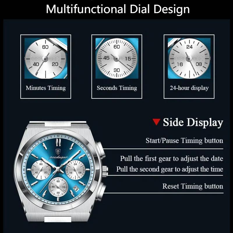 POEDAGAR Luxusní módní pánské hodinky Vodotěsné světelný chronograf Datum Quartz hodinky pro muže Vojenské sportovní pánské hodinky z nerezové oceli