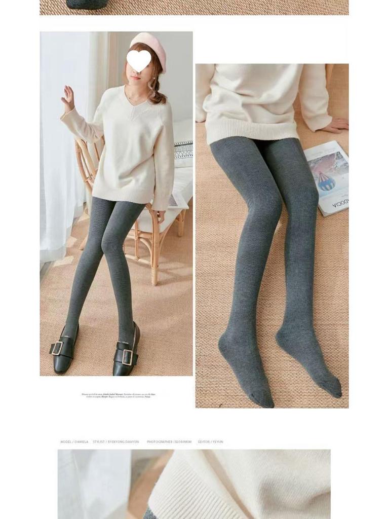 Women's Fleece-Lined Ribbed Cotton Stripe Leggings: Thick High-Waisted Pantyhose for Autumn/Winter, Slimming & Warm.