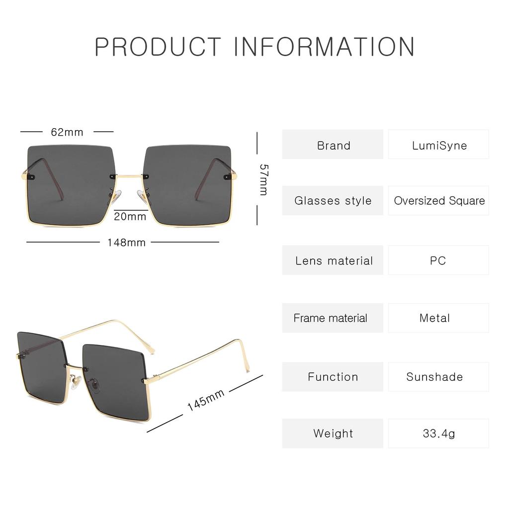 [LumiSyne] Extra Large Square Sunglasses for Men and Women, Metal Frame, Semi-Rimless, Tinted Clear Lenses, Retro Fashion Glasses, UV400 Cut, Shade,