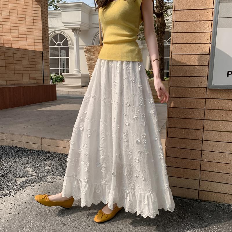 DIMANAF 2025 Letní Dámské Sukně Vintage Elastické Bílé Plisované Elegantní Dlouhé Sukně Nové Krajka Vysoký Pas