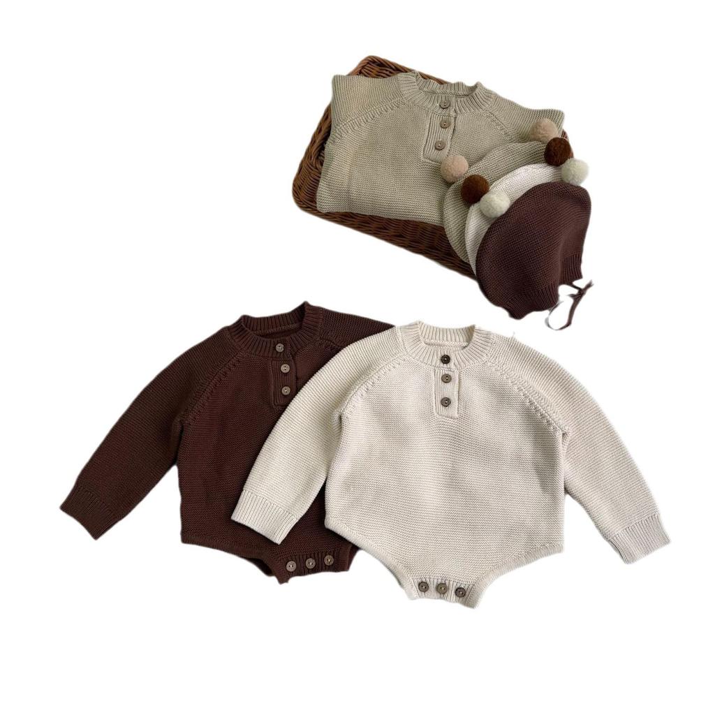Autumn Korean Knit Romper & Cute Hat for Newborns - Unisex Snap-Crotch Sweater Romper