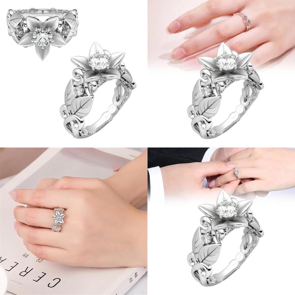 Exquisite Silver Floral Leaf Ring For Women Creative Zirconia Jewelry Ideal Gift