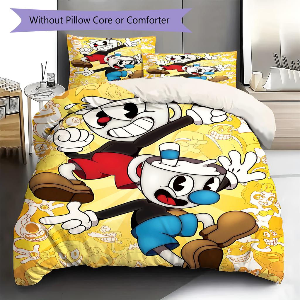 Cuphead Cute Cartoon Pattern Bedding,Quilt Set Quilt Cover Pillowcase Home Birthday Gift (1 * Duvet Cover + 2 * Pillowcase, Without Core)