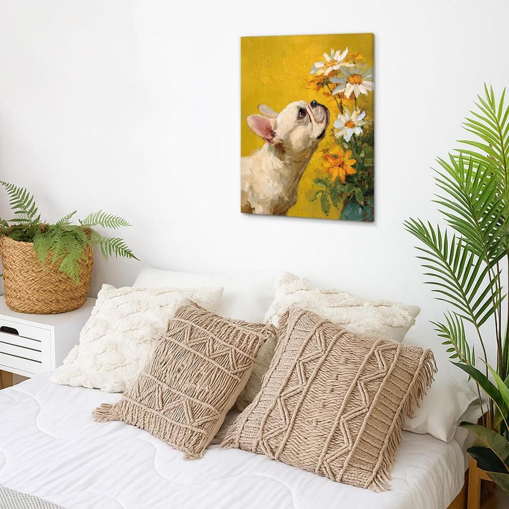 Vintage Floral French Bulldog Wall Art Print Dog Daisy Flowers Picture Painting Aesthetic Wall Decor for Home Living Room Bedroom 8x10 Canvas Framed