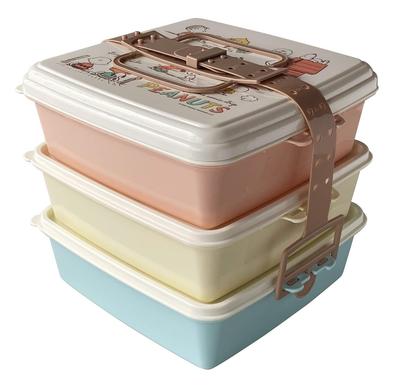 Snoopy Bento Stackable Picnic Square 3 X SNOOPY HIS Made In Japan T-World Box, Case, (Large), Tiers, 2.5L 3, PEANUTS, & FRIENDS,