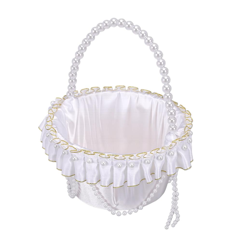 Hochzeit Blumenmädchen Korb mit Perlenhenkel Satin Blume Aufbewahrungskorb für Party Haus Dekoration Weiß