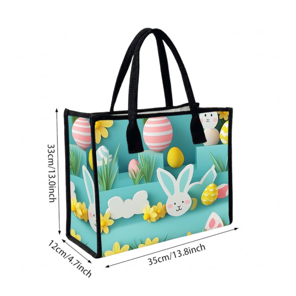 Cute Easter Bunny Pattern Tote Bag Portable Reusable Shopping Handbag for Daily Use
