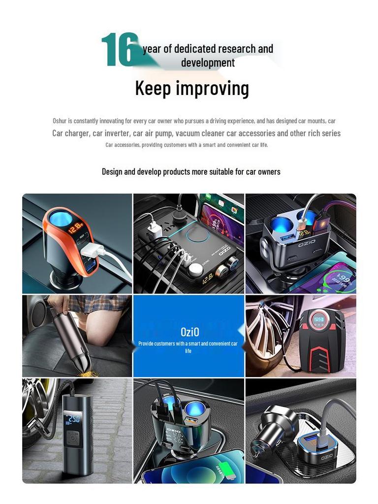 Oshur Fast Charging Car Charger with USB Expansion & Triple Cigarette Lighter Adapter