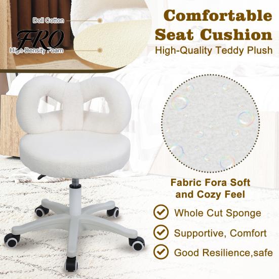 Makeup Chair Swivel Vanity Chair, with Adjustable Dressing Stool Height, Plush Cover Bowknot Back Home Office