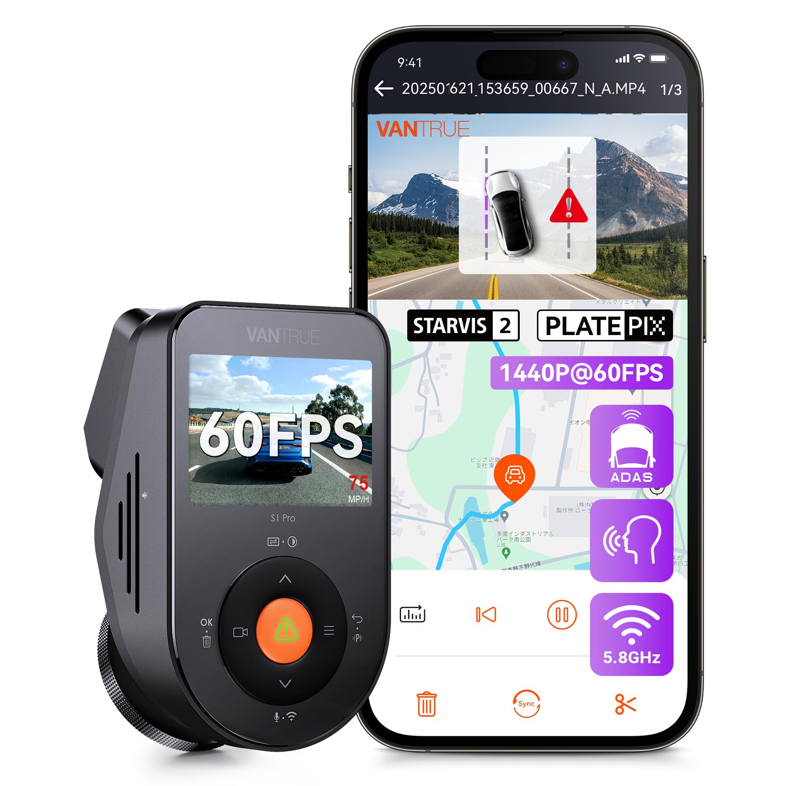 

VANTRUE S1 Pro 1CH Dash 5MP ADAS Safe Driving STARVIS 2 Wide HDR Ultra Night Parking Motion Collision Loop Voice OTA Easy Radio Interference 1TB чорний